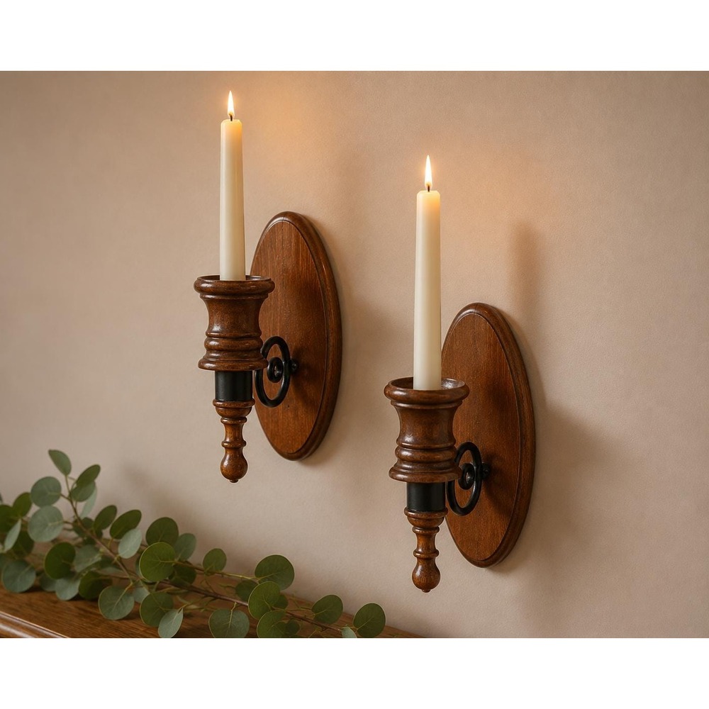 Pair VTG Wooden Wall Candle Sconces Mid Century Modern Wood & Black Metal Candle